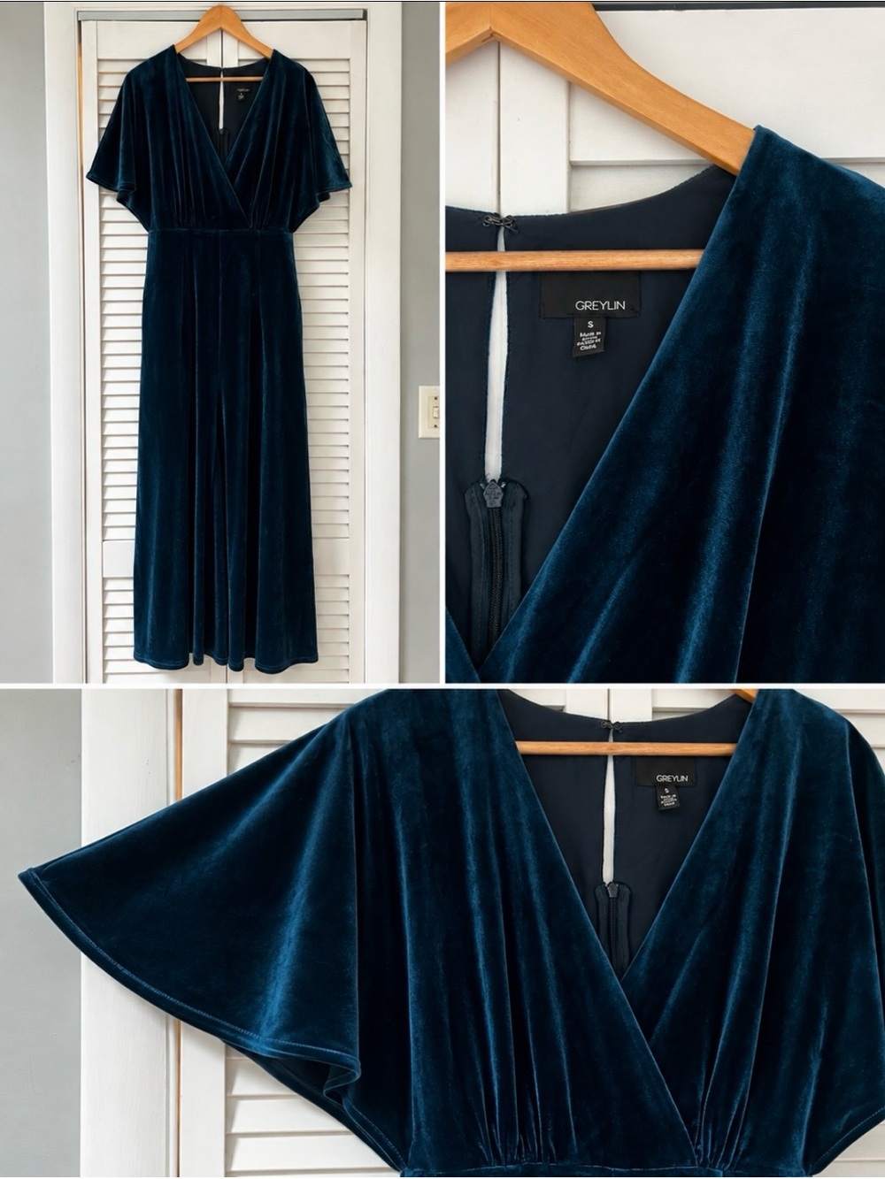 Greylin Deep Teal Velvet V‑Neck Maxi Dress